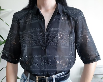 復古黑色鏤空棉質襯衫 透明襯衫 抽象逼真的動物印花