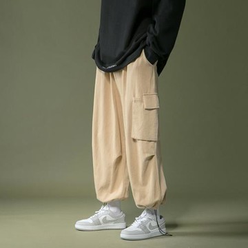 大口袋工裝褲男機能抽繩束腳褲直筒寬松運動褲秋季男褲休閑九分褲