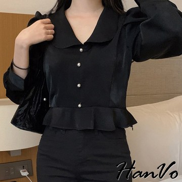 【HanVo】法式珍珠扣下擺波浪襯衫 翻領氣質舒適親膚上衣 韓國女裝 女生衣著 A02-0102