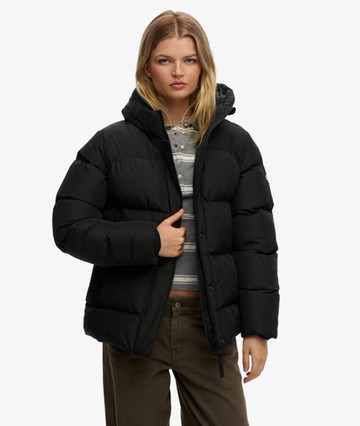 Superdry Women's Hooded Mid Length Sports Puffer Jacket Black Size: 10