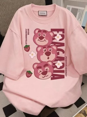 重磅純棉港風卡通草莓熊印花短袖T恤情侶款休閒夏季ins女生上衣 印花寬鬆情侶短袖T 上衣女 美式t  韓版T 大學T