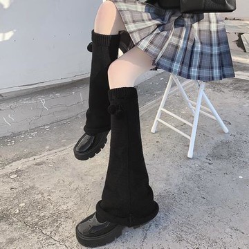 針織襪套可愛毛球小腿襪子女秋冬中長筒堆堆襪寬松黑色喇叭闊腿套