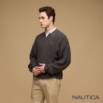 Nautica 男裝 拉鍊羅紋長袖線衫-灰色