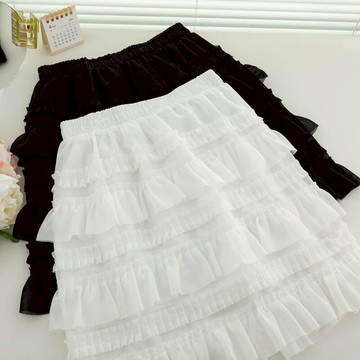 小清新層層木耳邊雪紡防走光蓬蓬半身裙松緊高腰花邊蛋糕短裙女夏