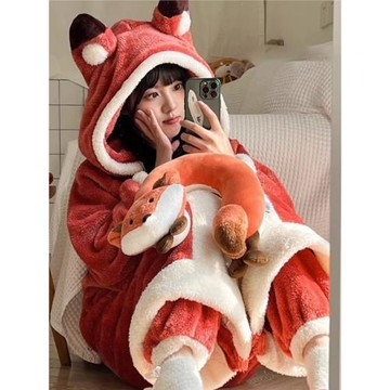小狐貍睡衣女秋冬季珊瑚絨冬天加厚加絨睡袍可愛長款浴袍家居服