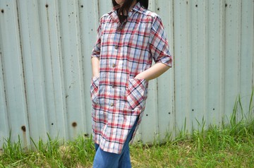 比利時亞麻 格紋 長版罩衫 女襯衫