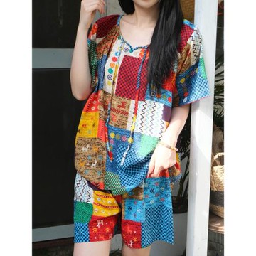 民族風睡衣女夏棉綢短袖短褲家居服人造棉可愛大碼可外穿兩件套裝