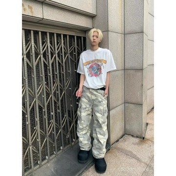 【韓國水洗做舊】口袋闊腿寬鬆休閒直筒傘兵褲 迷彩口袋工裝褲 工裝褲男 韓國工裝褲 迷彩工裝褲 軍綠工裝褲 直筒褲 寬鬆褲
