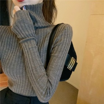 高級感秋冬灰色高領毛衣女內搭修身針織洋氣緊身柔軟打底衫 長袖上衣 打底衫 女裝 內搭 針織 毛衣 秋冬上衣