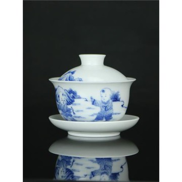 景德鎮陶瓷茶具純手工蓋碗茶杯大號 重工細筆手繪青花童子嬰戲圖
