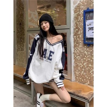 白色印花拼接v領衛衣女春秋美式復古設計感小眾寬松休閑運動上衣