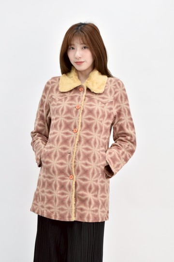 (L) 毛領排扣粉色外套