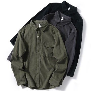 春秋復古美式休閒工裝襯衫男 燈芯絨襯衫青年紋理感薄外套潮牌
