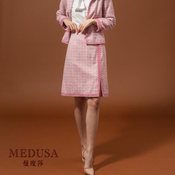 現貨【MEDUSA 曼度莎】粉紅小香風毛呢套裝短裙（M-2L）｜經典套裝｜上班穿搭 職場穿搭