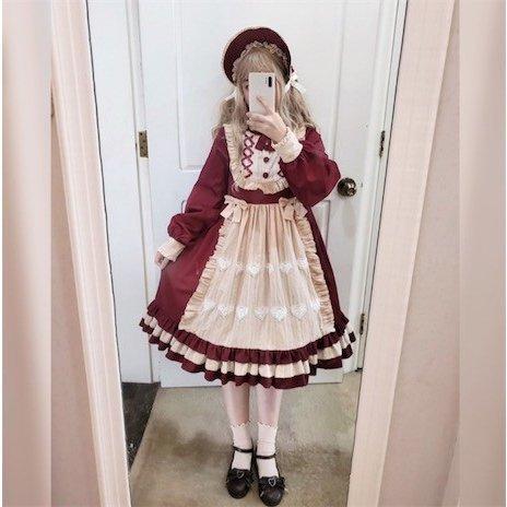 Lolitaワンピース メイド服 レディース OPワンピース 長袖 フリル袖