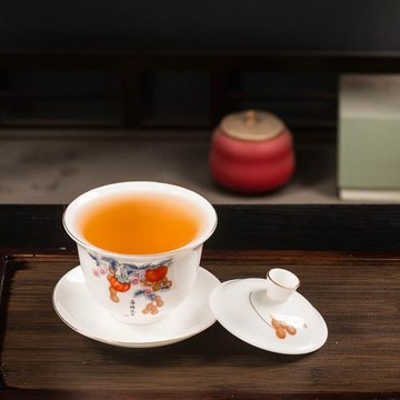 德化羊脂玉遠山三才蓋碗單個批發喜柿花生定風波蓋碗家用陶瓷茶碗