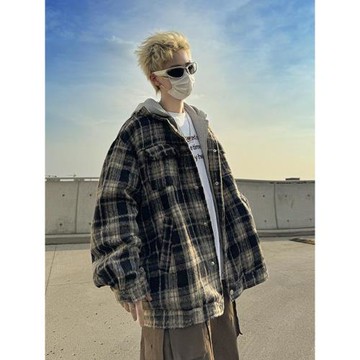 假兩件毛呢外套男士春秋季日系設計感穿搭寬松連帽格子夾克棒球服