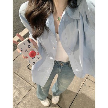 台灣出貨 高級感藍色POLO領長袖襯衫外套女夏季寬鬆休閒開衫襯衣中長款上衣 長袖襯衫 寬鬆顯瘦上衣 襯衫外套 防曬長袖