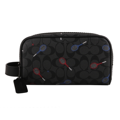 COACH 防刮網球拍皮革雙層雙拉鍊附掛帶手拿包(黑灰)