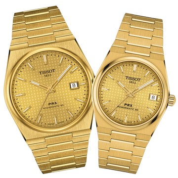 TISSOT天梭 PRX系列 復古機械對錶-金 / T1374073302100+T1372073302100