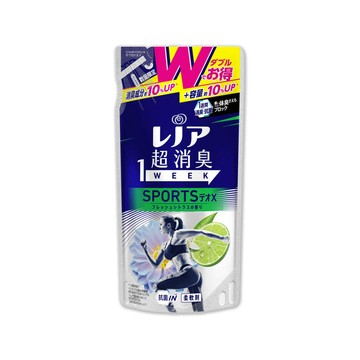 P&G 日本蘭諾Lenor-SPORTS運動衣物超消臭香氛柔軟精補充包-檸檬香440ml/深藍袋(家庭清潔衣物洗劑,健身運動汗味消臭劑,衣物芳香劑)