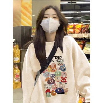 純棉美式復古慵懶chic杏色銀狐絨衛衣女加絨加厚秋冬季奶fufu上衣