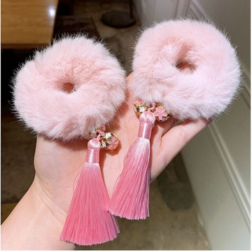 love, charlotte - 仿貂毛紅色流蘇髮圈-一對-粉紅色