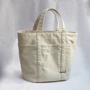 母親節活動【MY HANDMADE】 方格紋大容量提袋-米白 l 日本棉布、