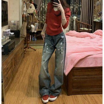 美式高街vibe復古潑墨塗鴉做舊彎刀微喇窄版牛仔褲男女直筒長褲潮    復古 落地 牛仔 長褲