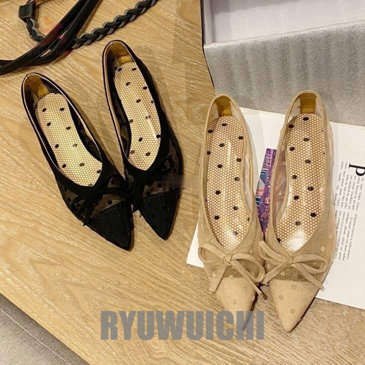 パンプス シースルードットのポインテッドトゥフラットパンプス