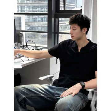 黑色來喔t恤男小v領POLO衫短袖夏季輕熟風穿搭半袖潮牌商務五分袖