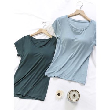 莫代爾帶胸墊睡衣女2025年新款短袖上裝薄款純色外穿家居服T恤夏