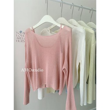 韓系兩件套針織衫女夏薄款網眼鏤空罩衫+吊帶背心上衣兩件套藍色