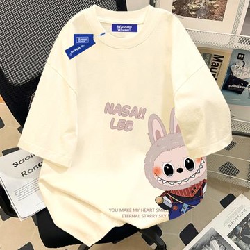 wassup杏色卡通拉布布短袖男2025夏季純棉青少年潮流圓領t恤潮牌