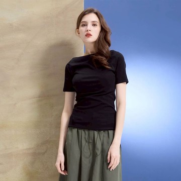 HONOR優雅寬領側腰抓皺修身上衣-黑