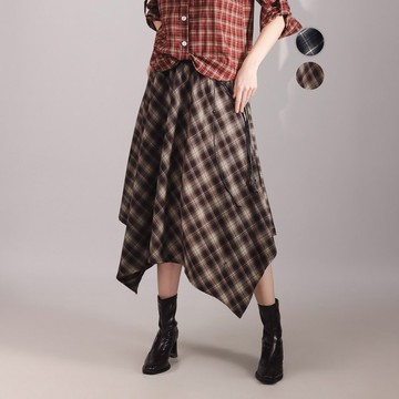 【ICare】復古格紋不規則長裙 - 附腰帶 - 2色(F) | 長裙 休閒裙