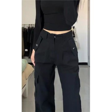 黑色美式高街直筒工裝褲寬松運動褲女男高腰顯瘦闊腿褲子秋潮牌