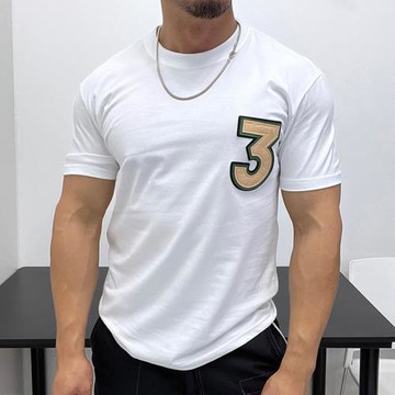 復雜立體做工！撞色貼布修身薄款純棉圓領套頭短袖T恤小領口潮男