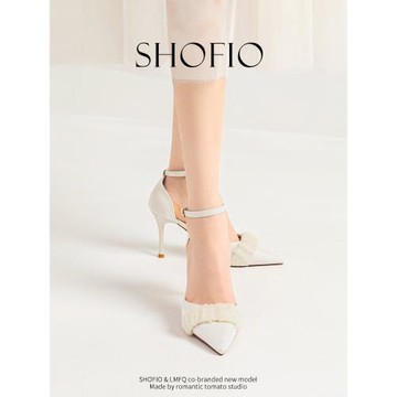 一字帶扣高跟鞋2025夏季新款蕾絲氣質尖頭仙女風中空米白色單鞋女