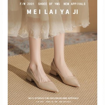 意美絲法式淺口低跟單鞋女春秋季漆皮尖頭粗跟3cm公分小跟鞋裸色