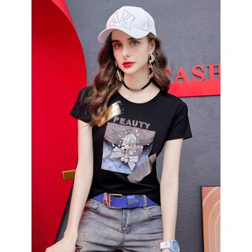 黑色短袖t恤女2025新款夏季女裝修身半袖體恤時尚印花莫代爾上衣