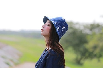 手工雙面漁夫帽/短帽簷/遮陽帽/藍/藍色貓咪