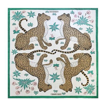 [平輸版]Hermes 愛馬仕 Les Leopards 四隻豹 140 混羊絨披肩/方巾(米咖綠)
