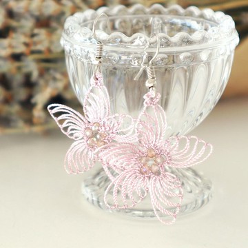 PREMIUM蕾絲耳環【Stella】霧感玫瑰粉