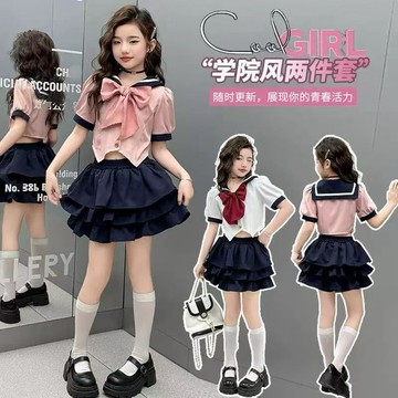 🔥 2025新款女童學院風兩件套夏裝中大童百褶裙襯衫海軍領jk兩件套穿搭潮