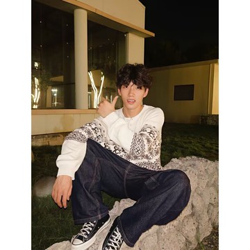 秋冬新款休閒百搭寬鬆上衣男時尚潮流圓領提花毛衣男