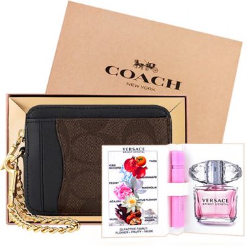 COACH 巧克力色大C PVC金屬鏈帶證件卡夾/零錢包+VERSACE 品牌經典隨身小香水