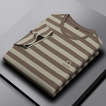 【新款熱賣】新款條紋半截袖圓領t恤男柔軟舒適商務上衣夏季衣服美式復古潮i男