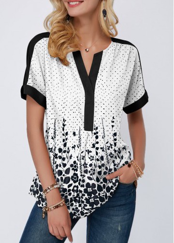 Dot Print Short Sleeve Split Neck Blouse