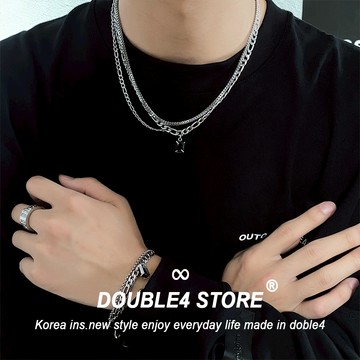 【DOUBLE4】韓國 長方黑寶石雙項鍊 韓系 手鍊男 蹦迪 穿搭 男項鍊 手鍊 鋼項鍊 男女 鋼手鍊 鈦鋼【C89】